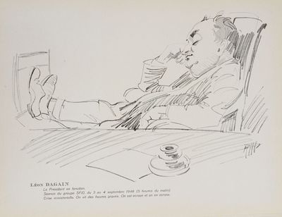 dessin représentant un homme assis à une table avec une tasse de café