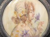 painting of a woman holding a flower in her right hand