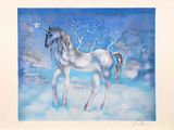 un tableau représentant un cheval blanc avec un arbre sur le dos