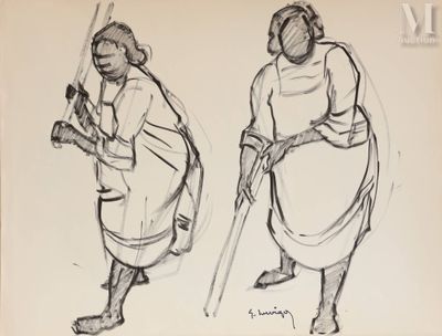 croquis représentant deux femmes avec des cannes et une canne à la main