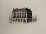 an old drawing of a large building with a clock on the top of it