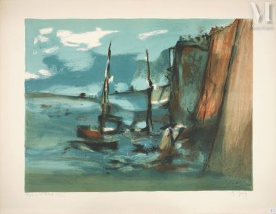 a painting of boats on the water near a cliff