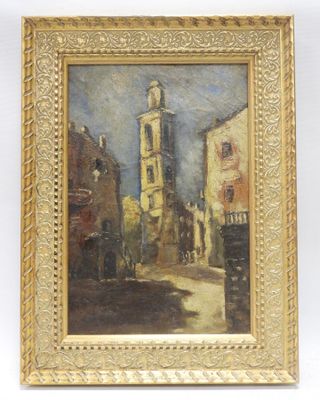 une peinture à l'huile représentant une scène de rue avec une église à l'arrière-plan