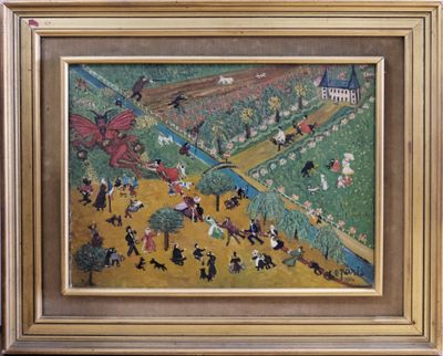 une image représentant un tableau montrant des personnes dans un parc au bord d'une rivière