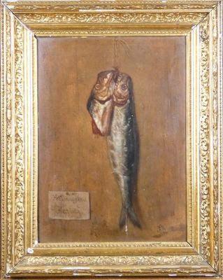 tableau représentant un poisson accroché à un hameçon, dans un cadre doré