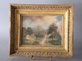 an old picture of a painting of a farm with a house in the background