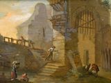 a painting of a man and a woman on a bridge