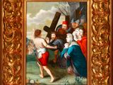 a painting of a man carrying a cross with other people around him
