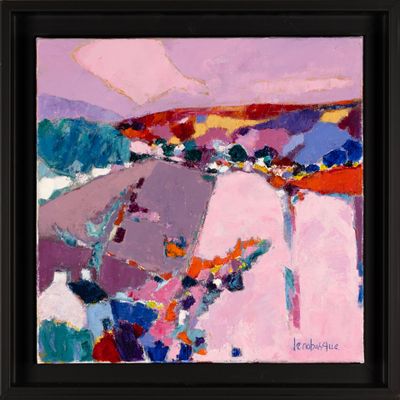 an oil painting of a colorful landscape with hills in the background