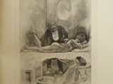an old book with a drawing of a man laying on a bed next to a dog