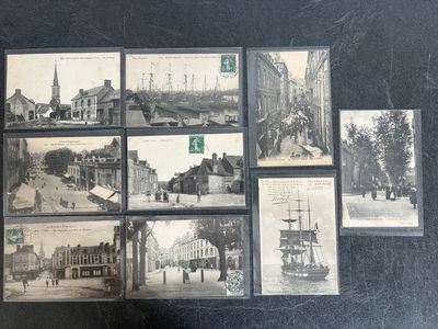 several old black and white photos of a city with buildings