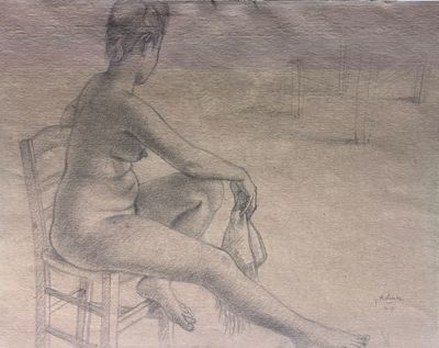 dessin représentant une femme assise sur une chaise, les jambes croisées