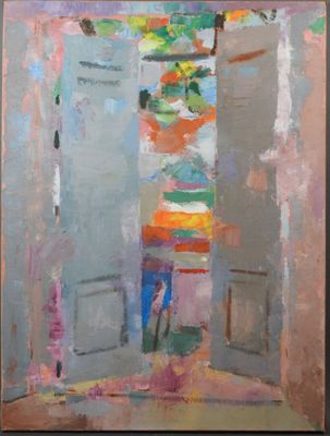 une peinture à l'huile représentant un vase de fleurs posé sur une table