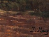 an oil painting of a man riding a horse down a dirt road