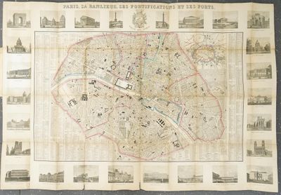 une vieille carte de la ville de Paris sur laquelle figurent de nombreux bâtiments