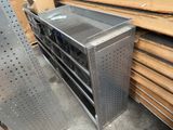 a metal shelf that has a bunch of shelves on it