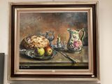 a painting of a still life with apples and silverware