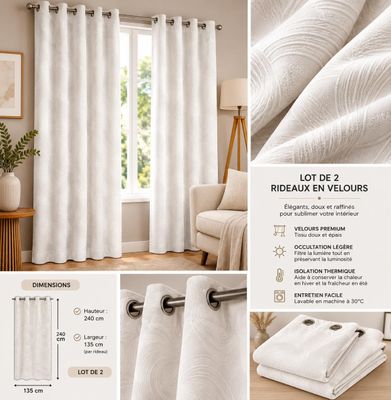 Le rideau est blanc et orné d'un motif de lignes ondulées.
