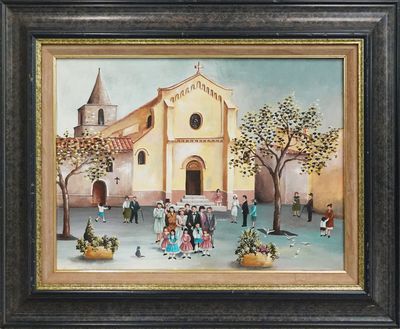 une peinture à l'huile représentant une église devant laquelle se trouve une foule de gens