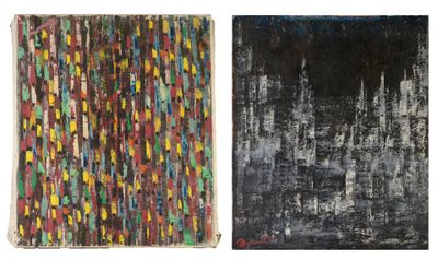 two paintings of different colors and shapes on a white background