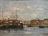 une peinture représentant une scène portuaire avec des bateaux dans l'eau