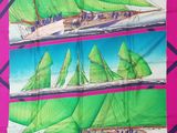 three pictures of a green sailboat on a pink background