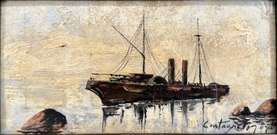 a painting of a boat in the water with rocks in the background