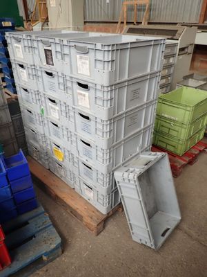 a stack of crates sitting on a pallet in a warehouse