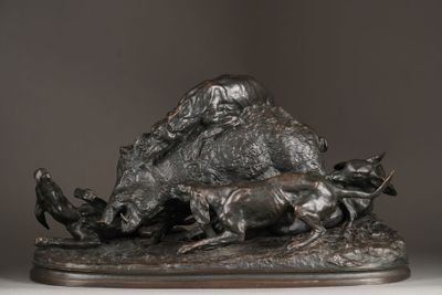 bronze statue of a man with a dog and a cat