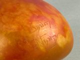 a close up of an apple with writing on it