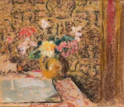une peinture représentant un vase de fleurs sur une table