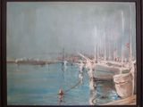 un tableau représentant des bateaux amarrés dans un port, sur l'eau
