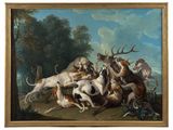 an image of a painting of a group of dogs attacking a deer
