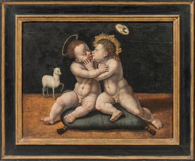 tableau représentant deux chérubins s'embrassant devant un mouton