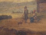 painting of a man and a woman with a dog on a beach