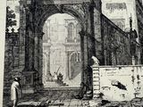 a drawing of a man standing in front of a gate