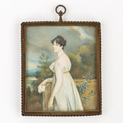 tableau représentant une femme en robe blanche tenant une fleur blanche