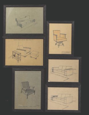 quatre dessins représentant différents types de meubles sur fond noir