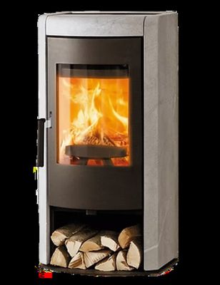 a wood burning stove with logs stacked in front of it