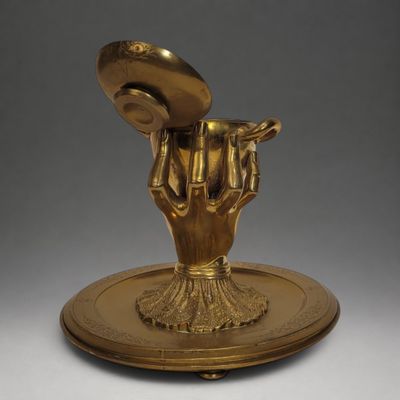 une statue en or représentant une main tenant un coquillage posé sur une assiette