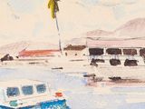a painting of a boat in the water near a palm tree