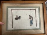 painting of two people on a swing set in a wooden frame
