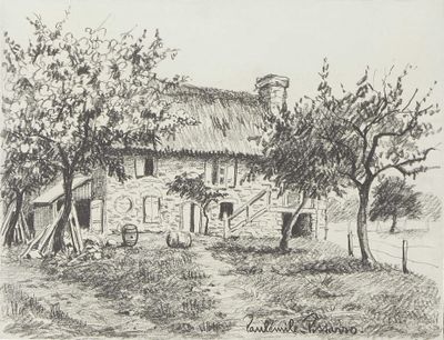 drawing of a farm with a thatched roof and trees in the foreground