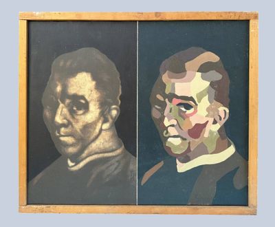 painting of two portraits of a man and a woman in a wooden frame