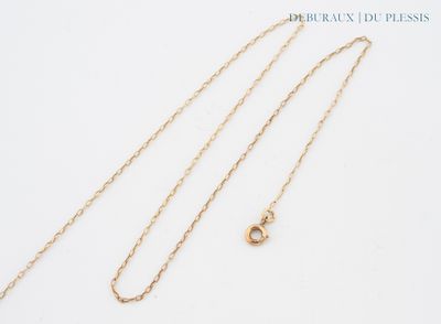 a close up of a gold necklace with a chain on a white background