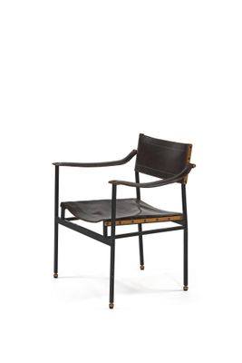 a black chair with a leather seat and armrest on a white background