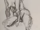 a drawing of a woman sitting on a chair with her legs crossed