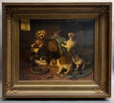 un tableau représentant un chien et un chat jouant avec un panier