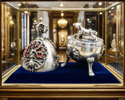 two silver objects in a glass case on a blue surface