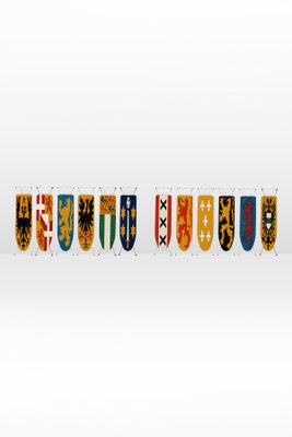 a row of flags with different colors on them on a white background